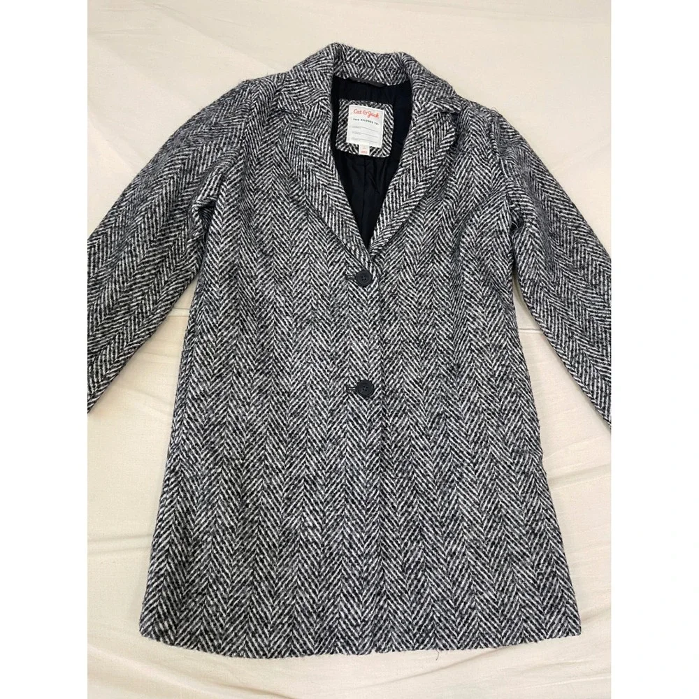 Cat & Jack Kids Black White Herringbone Overcoat Jacket Size L 10-12